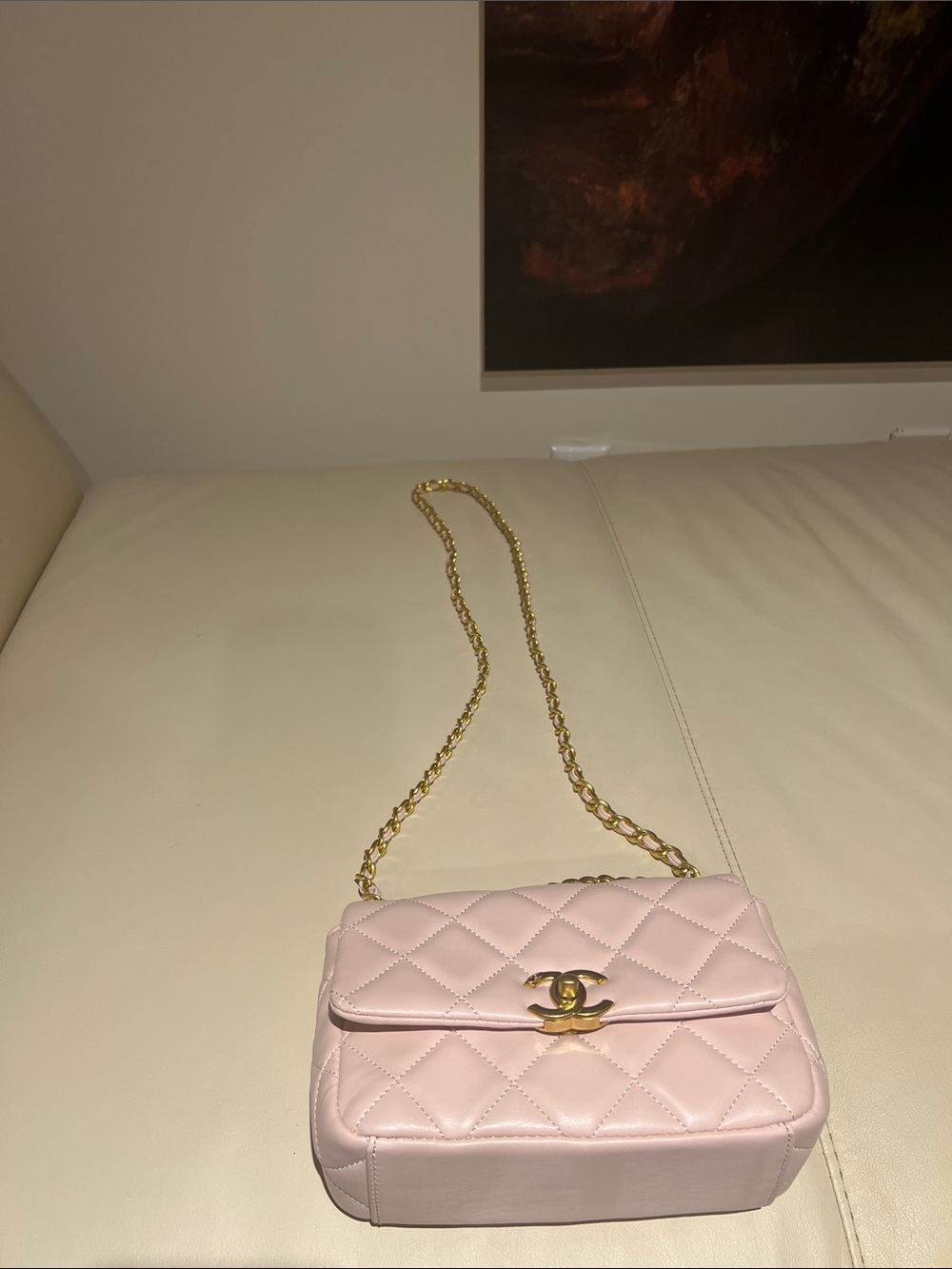 CHANEL Pink Quilted Mini Flap Bag with Gold & pink chain with pink rhinestones. - Picture 7 of 8